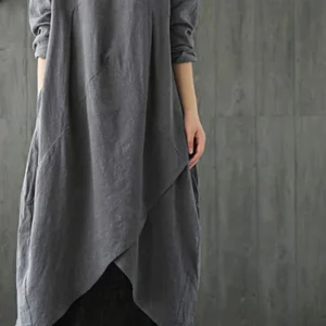 Langärmeliges Baumwoll-Midi-Kleid, unregelmäßiger Schnitt