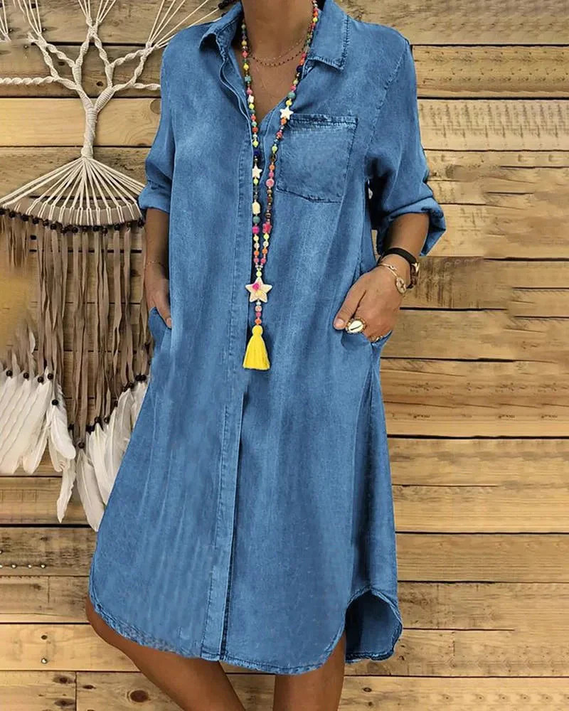 Jeans-Midi-Kleid mit Umschlagärmeln und Brusttasche – Bild 3