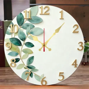 Grüne Blätter Holz Wanduhr – Leise Quarz Natur Deko Uhr