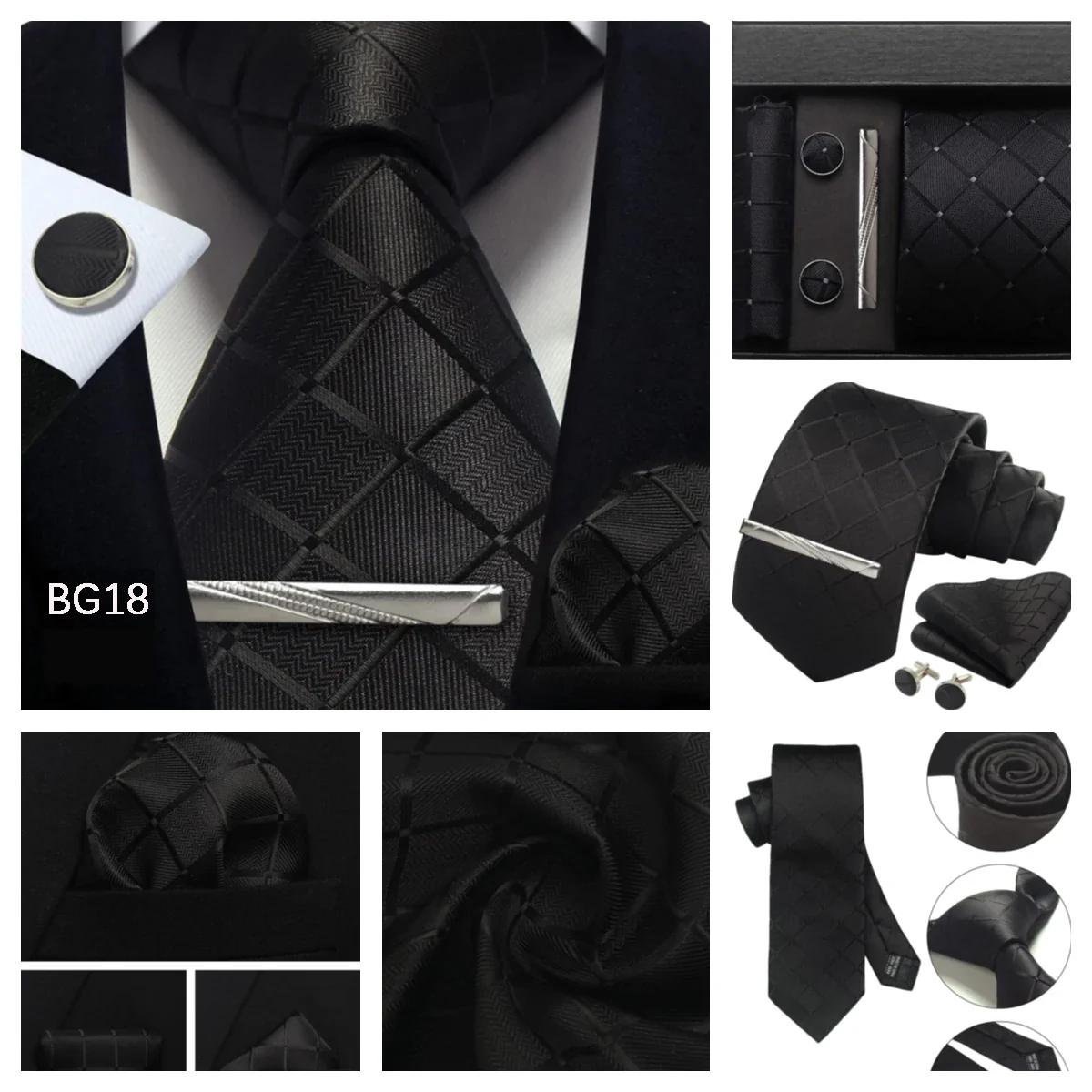 Herren Krawatten-Set aus 100% Seide – 8 cm Krawatte mit Einstecktuch & Manschettenknöpfen | Klassisches Geschenkset für Business & Hochzeit – Bild 7