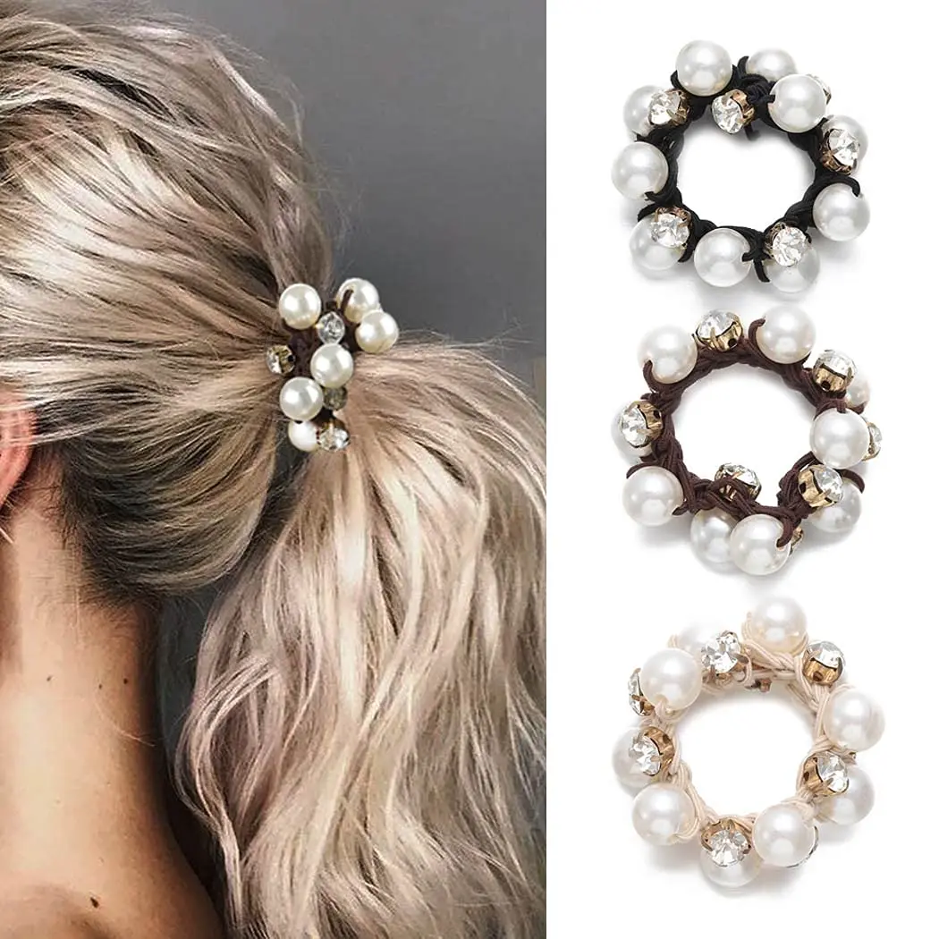 3 Stück Faux Perlen Haargummis mit Glitzer-Strass | Retro-Stil Scrunchies für Damen