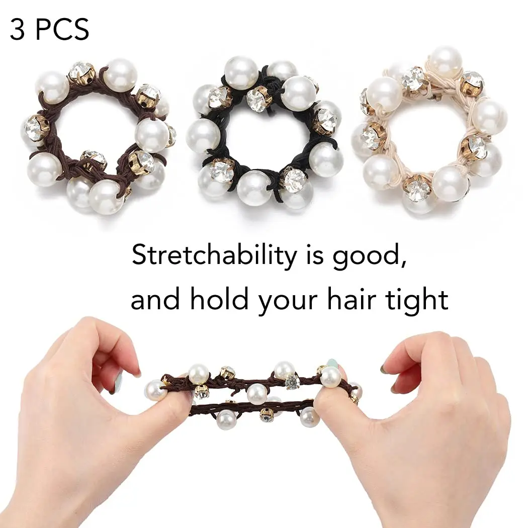 3 Stück Faux Perlen Haargummis mit Glitzer-Strass | Retro-Stil Scrunchies für Damen – Bild 7
