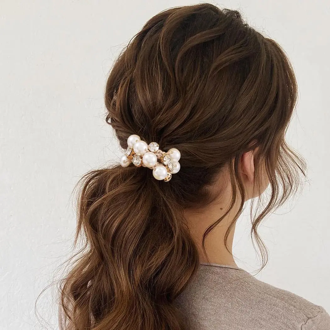 3 Stück Faux Perlen Haargummis mit Glitzer-Strass | Retro-Stil Scrunchies für Damen – Bild 4