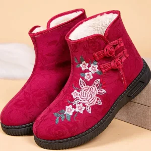 Damen Bestickte Schneestiefel – Mittelhohe Baumwollstiefel mit Kunstfell Fleece Futter | Warme Winter Schuhe für Mütter