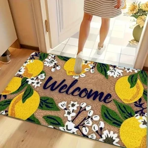 Willkommensmatte – Zitronen- und Blumenmuster mit „Welcome“-Schriftzug, Langlebige Matte für Innen- und Außenbereich