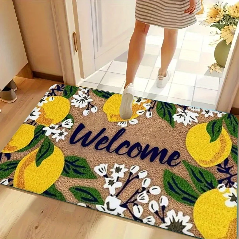 Willkommensmatte – Zitronen- und Blumenmuster mit „Welcome“-Schriftzug, Langlebige Matte für Innen- und Außenbereich