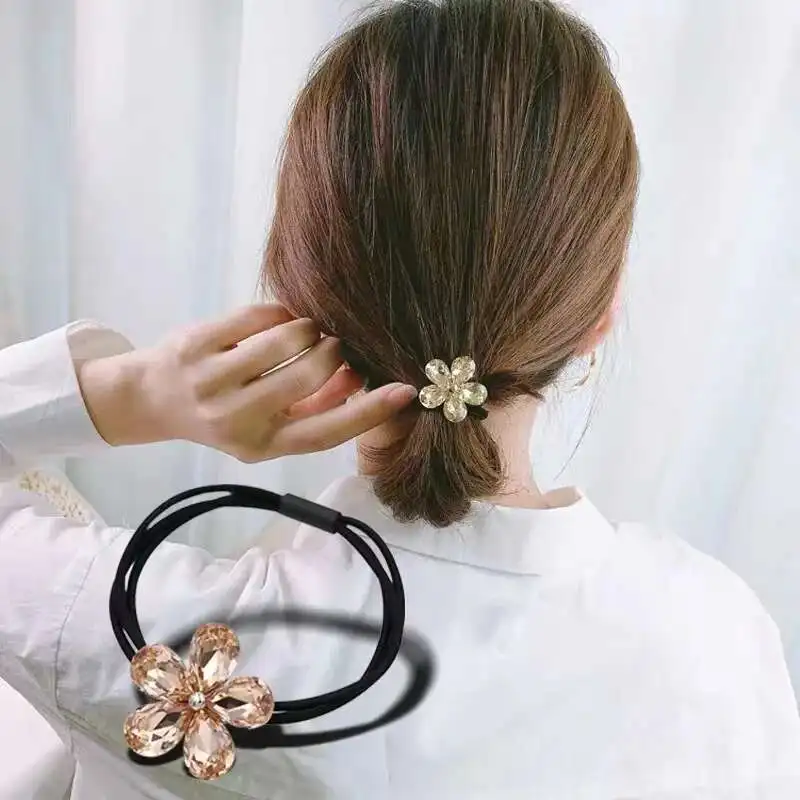 Kristall Haargummi mit Niedlichen Blumen | Elastischer Haarring für Mädchen & Damen – Bild 3