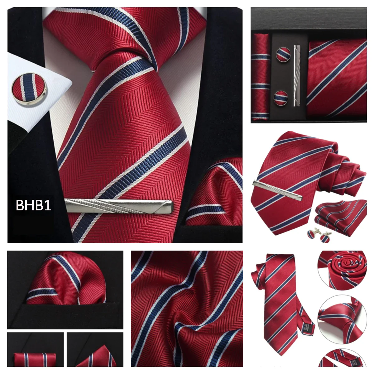 Herren Krawatten-Set aus 100% Seide – 8 cm Krawatte mit Einstecktuch & Manschettenknöpfen | Klassisches Geschenkset für Business & Hochzeit – Bild 9