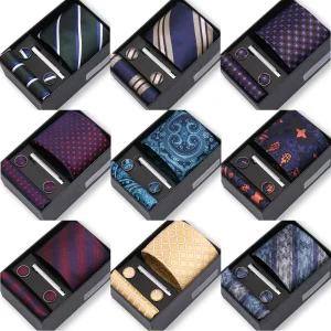 Herren Jacquard-Krawatten-Set 8 cm – Elegante Krawatte mit Einstecktuch, Manschettenknöpfen & Krawattenklammer | Luxus-Geschenkbox für Hochzeit & Business