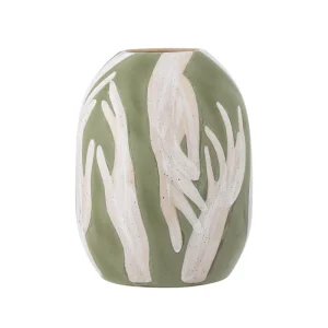 Bloomingville Adalena Deko-Vase – Künstlerische Steingut-Vase in Grün mit Handmotiv, 30,5 cm
